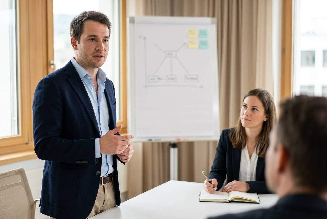 Consultant en IA d'Akasia, agence d'agents IA à Lausanne, présentant les trois étapes d'un premier projet d'automatisation à une dirigeante de PME suisse